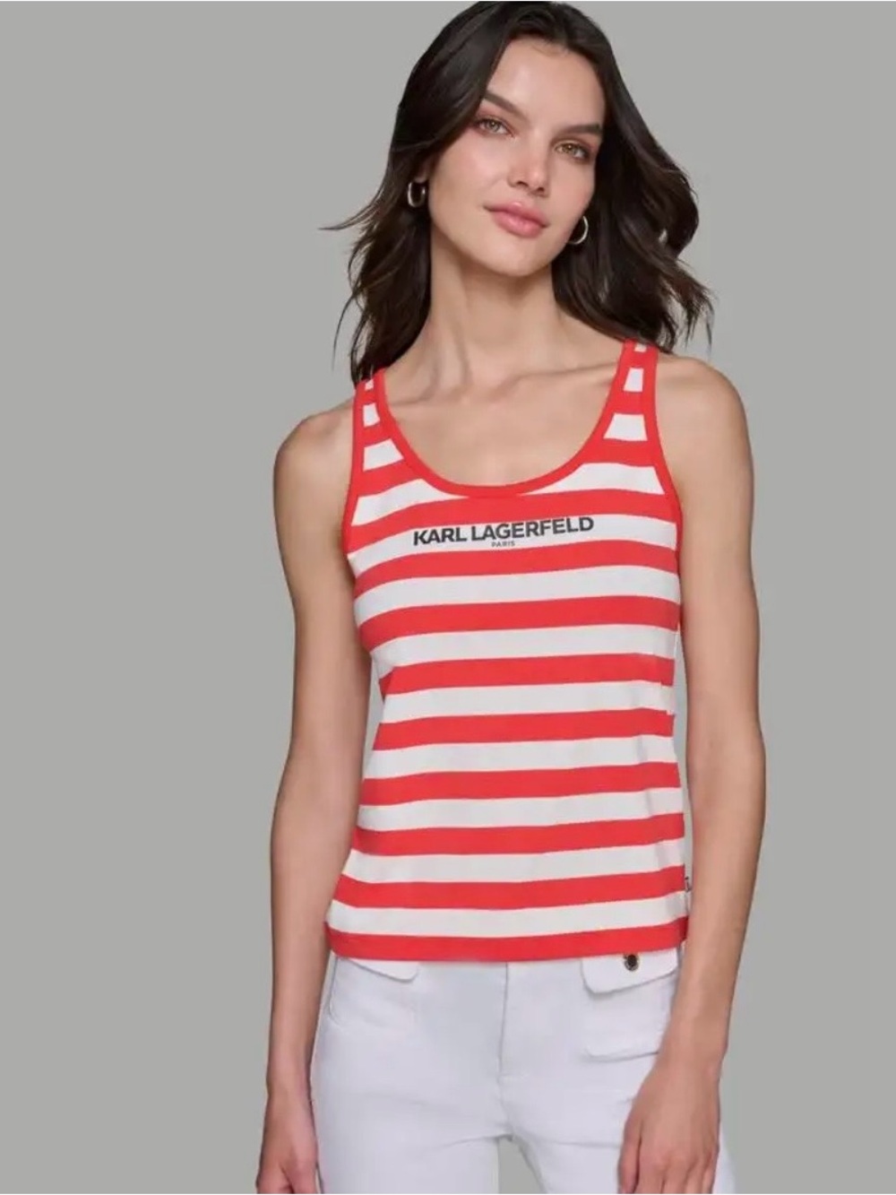 Karl Lagerfeld Paris Striped Logo Tank Top Apple Soft White Size S